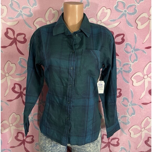 NWT Time & Tru Plaid Teal & Green Button Down Long Sleeve Shirt Size Small - Picture 1 of 6